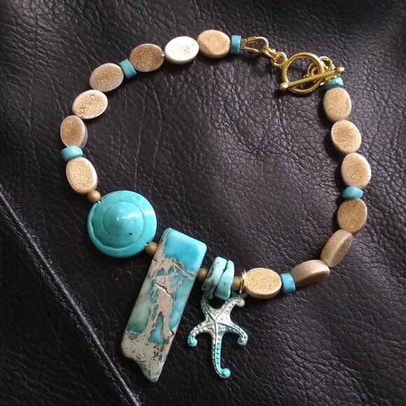 Coastal Cowgirl! Sea Sediment Jasper + Starfish + Shell Beaded Toggle Bracelet - Picture 2 of 9